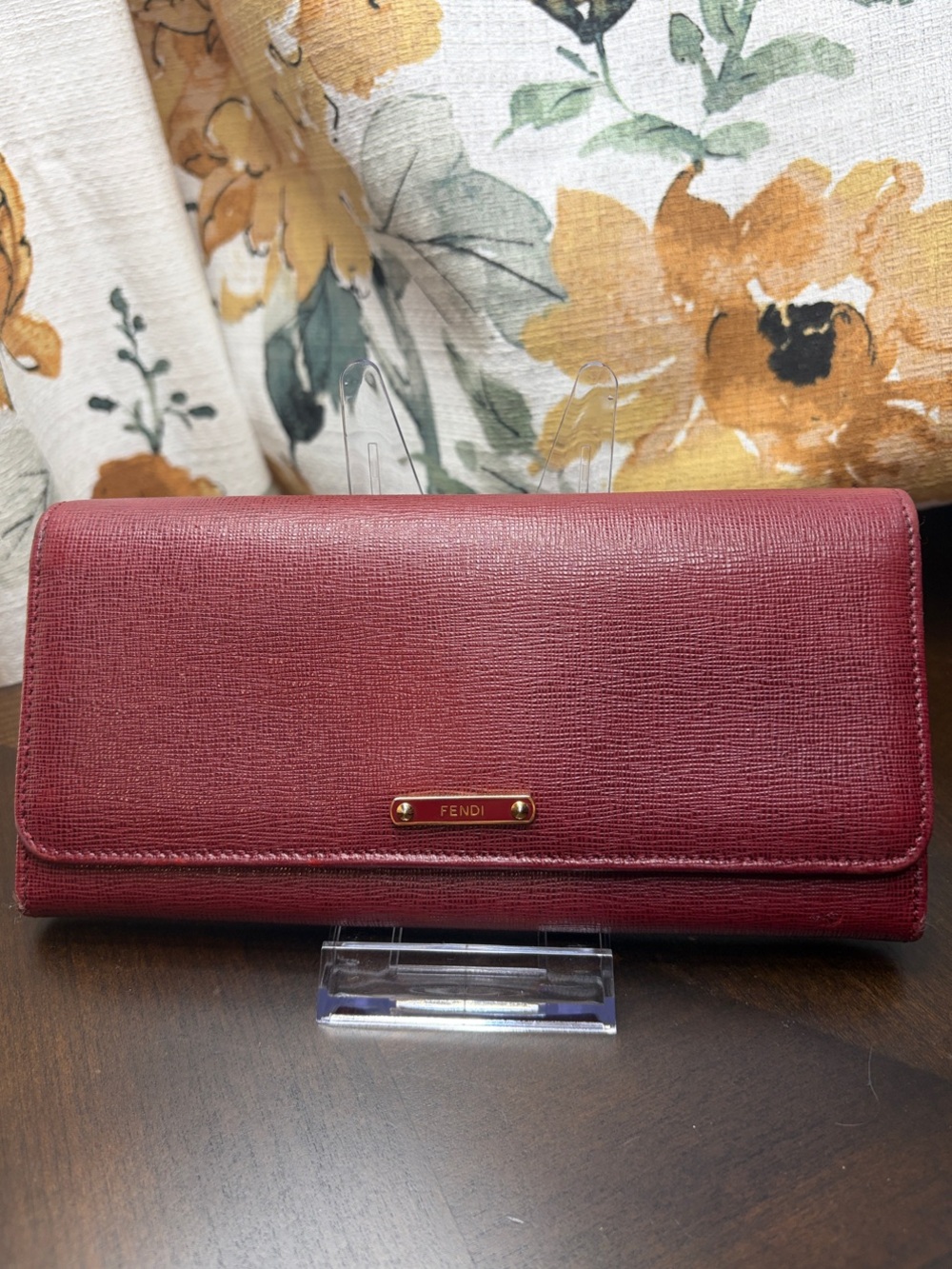 Fendi Burgundy Textured Leather Continental Wallet with Gold Plate with COA